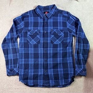 Quiksilver Men’s Blue Button Down Plaid Flannel, Size M, Thick Long Sleeve
